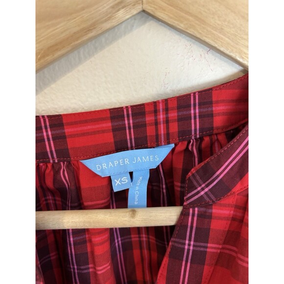 Draper James XS Shirt Dress Mini Plaid Red Puff Sleeve Shift Tiered Drop Waist - Picture 2 of 4